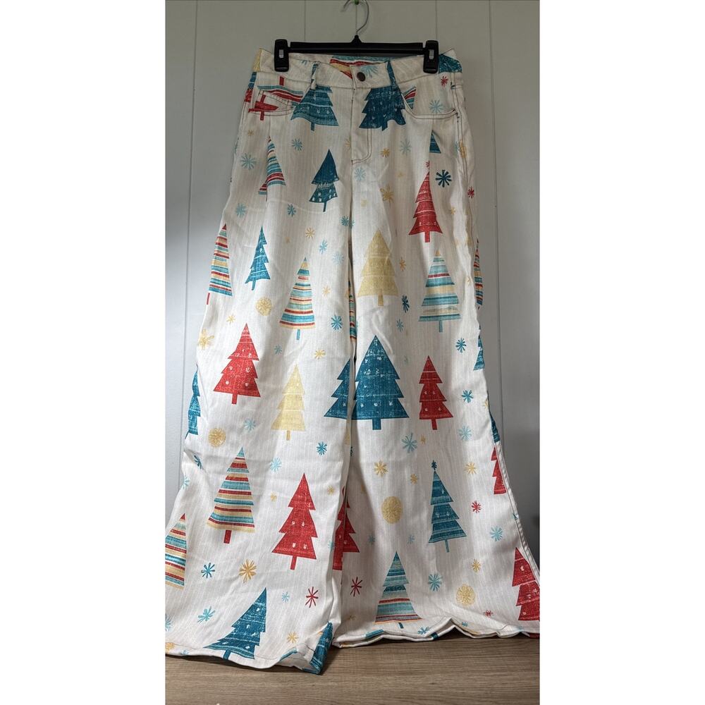 Christmas Button Up Pants Adult Unisex Size Large Colorful Trees New GG